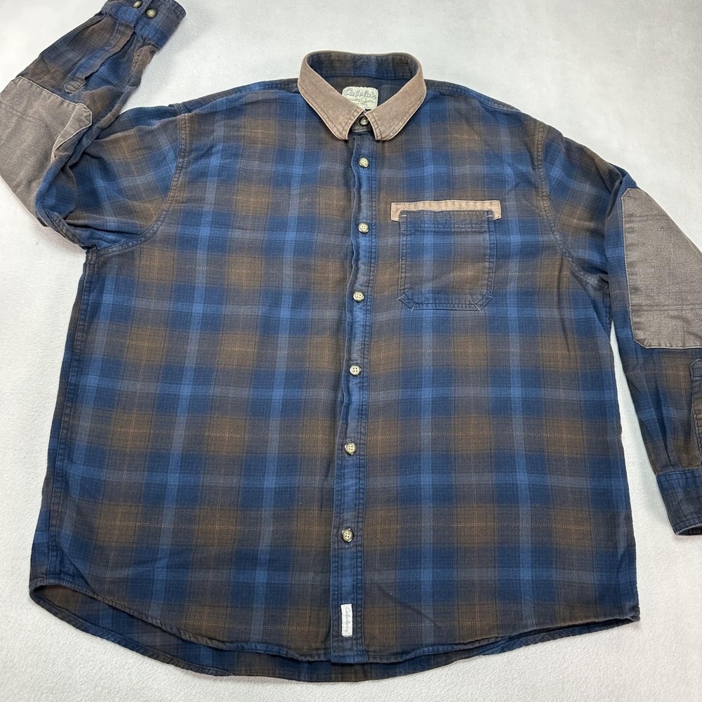 Cabela's Shirt Mens XL Blue Plaid Flannel Button Up Elbow Patches Workwear - Picture 2 of 10